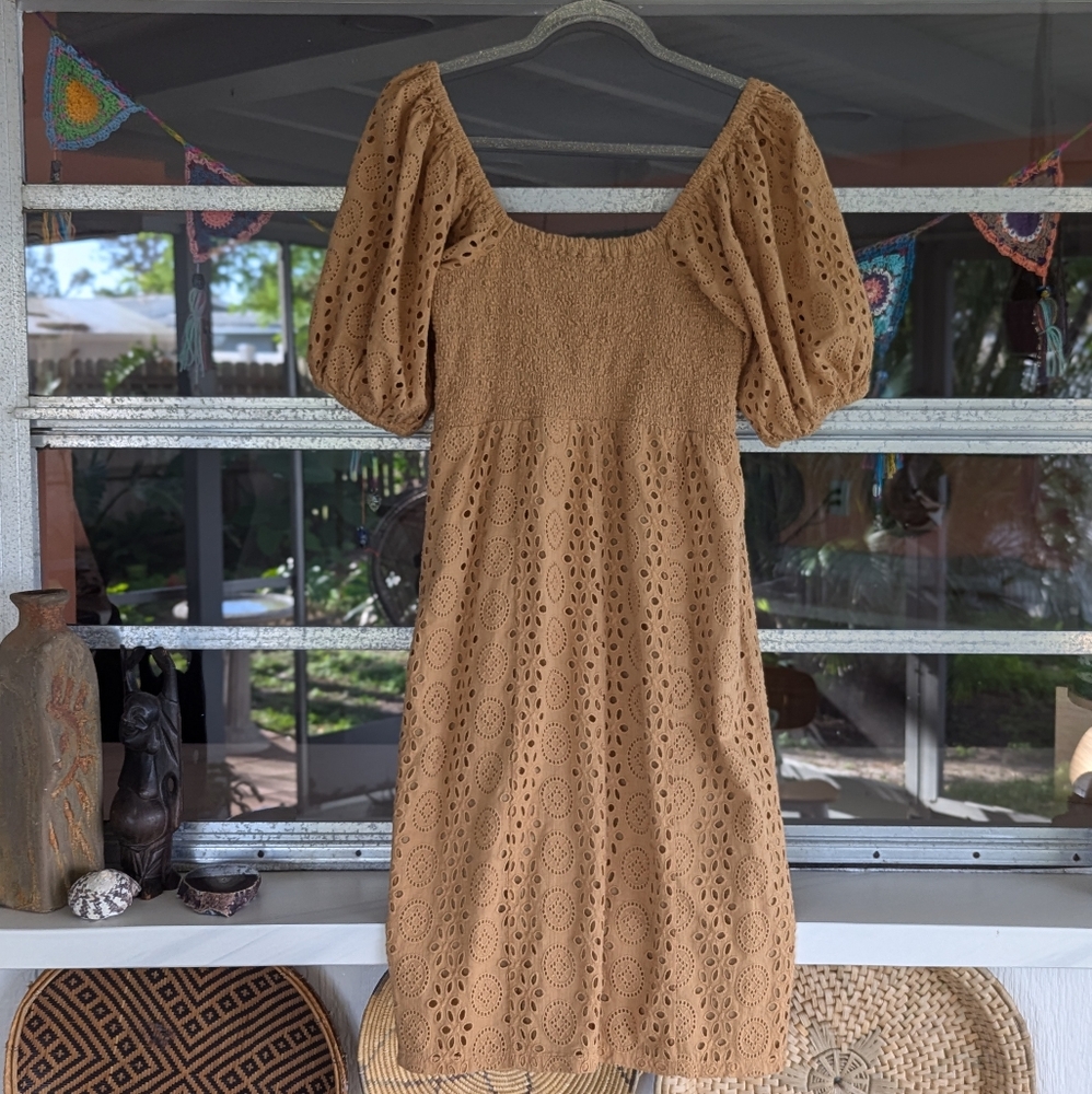 Puff-Sleeve Eyelet Midi Dress in Camel - Picture 5 of 13